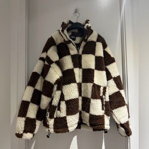 Zara Brown and White Checkered Puffer Jacket